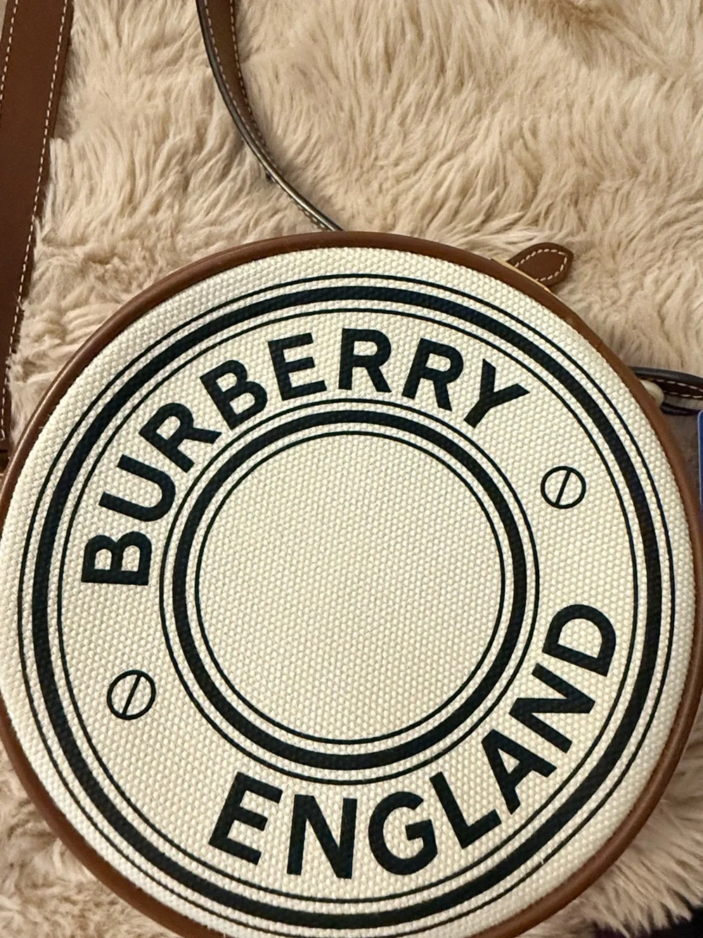 Burberry Cream Canvas Round Crossbody with Brown Leather Trim